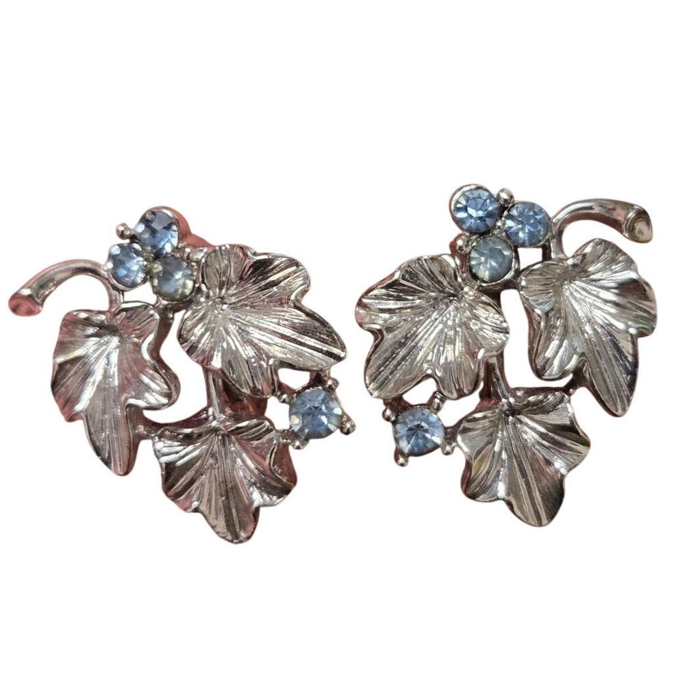 Vintage Lisner Leaves and Blue Rhinestones Silvertone Screwback Earrings